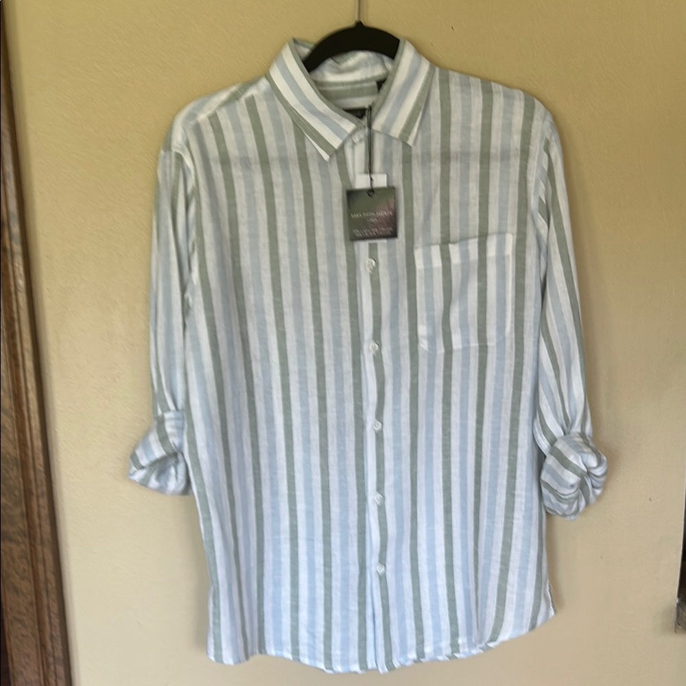 NWT Saks Fifth Avenue Blue Green and White Casual Button Down Shirt, Men’s small